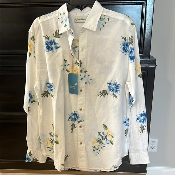 Caribbean Other - Men Caribbean White and Blue Dress Shirt Floral Elegance‎